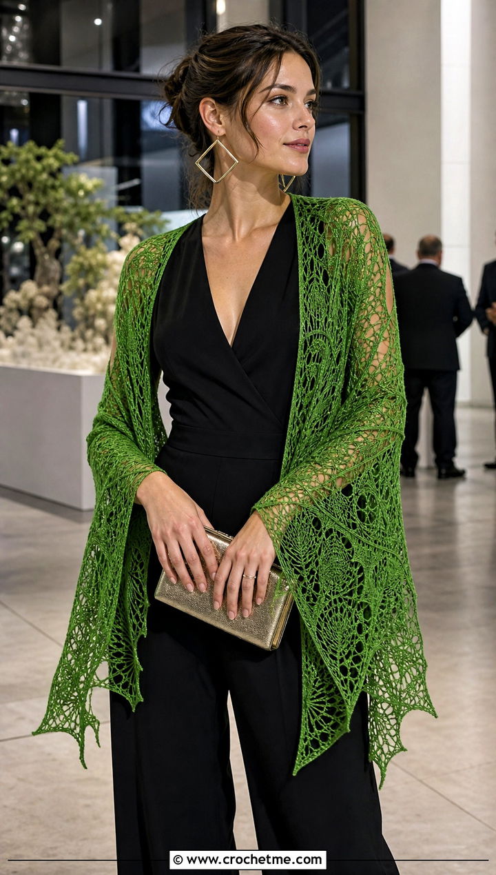 Spiderweb Lace Shawl With Black Jumpsuit - 25 Vintage Crochet Shawl outfit ideas