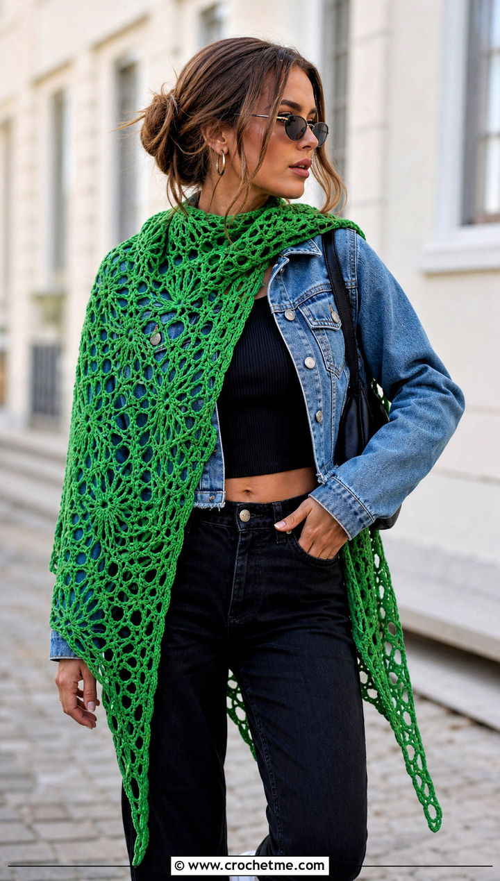 Spiderweb Lace Triangle Shawl With A Denim Jacket - 20 Crochet Lace Triangle Shawl outfit ideas