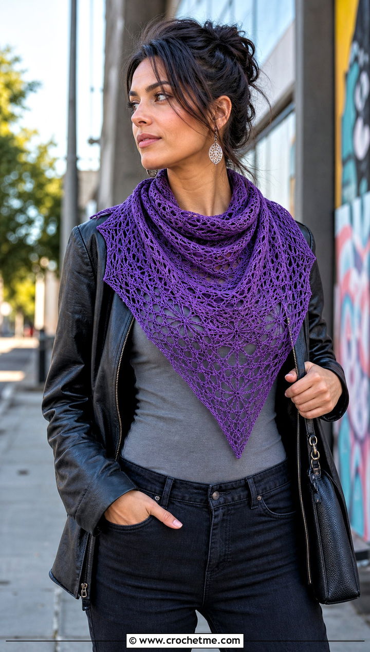 Spiderweb Lace Triangle Shawl With Leather Jacket And Black Jeans - 25 Crochet Lacy Triangle Shawl outfit ideas