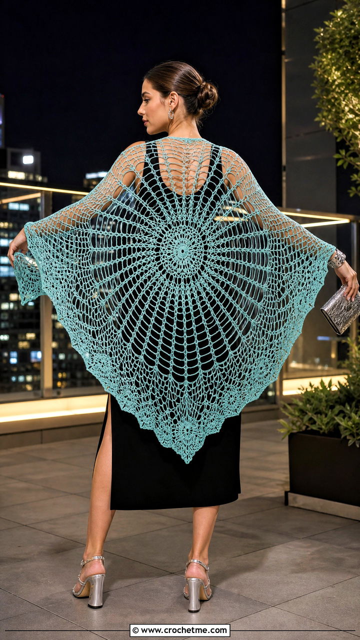Spiderweb Lacy Crochet Shawl With Black Tank Dress - 35 lacy crochet shawl outfit ideas