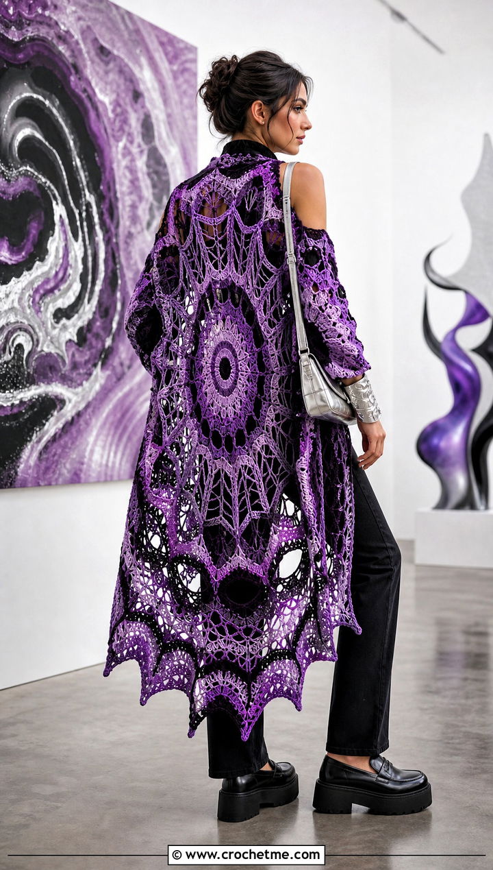Spiderweb Mandala Crochet Coat With Black Denim - 30 women crochet coat outfit ideas