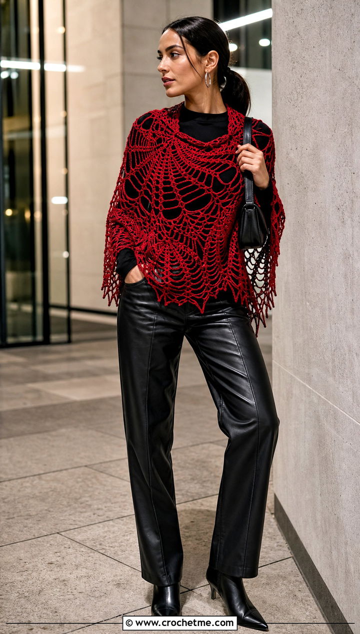 Spiderweb Mesh Circle Crochet Shawl With Leather Pants - 20 Circle Crochet Shawl outfit ideas