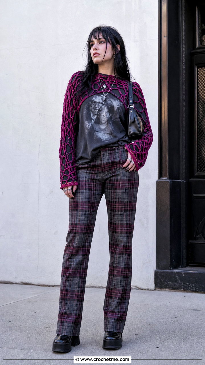 Spiderweb Mesh Crochet Shrug With Plaid Trousers - 35 easy crochet shrug outfit ideas