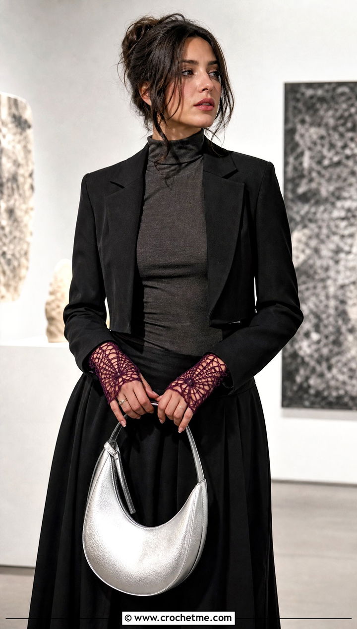Spiderweb Mesh Fingerless Gloves With Maxi Skirt - 15 Crochet Lacy Fingerless Gloves outfit ideas
