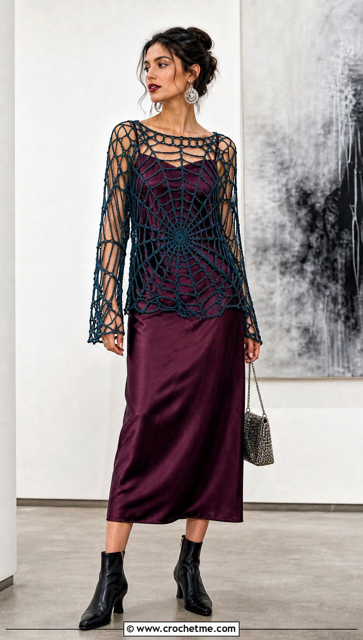 Spiderweb Mesh Halloween Crochet Jumper Over A Slip Dress - 15 Halloween Crochet Jumper outfit ideas