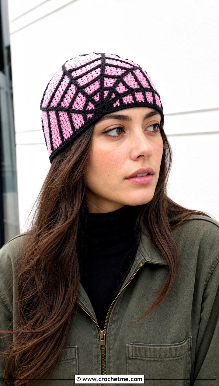 Spiderweb Tapestry Beanie With Utility Jumpsuit - 25 Halloween Crochet Beanies outfit ideas