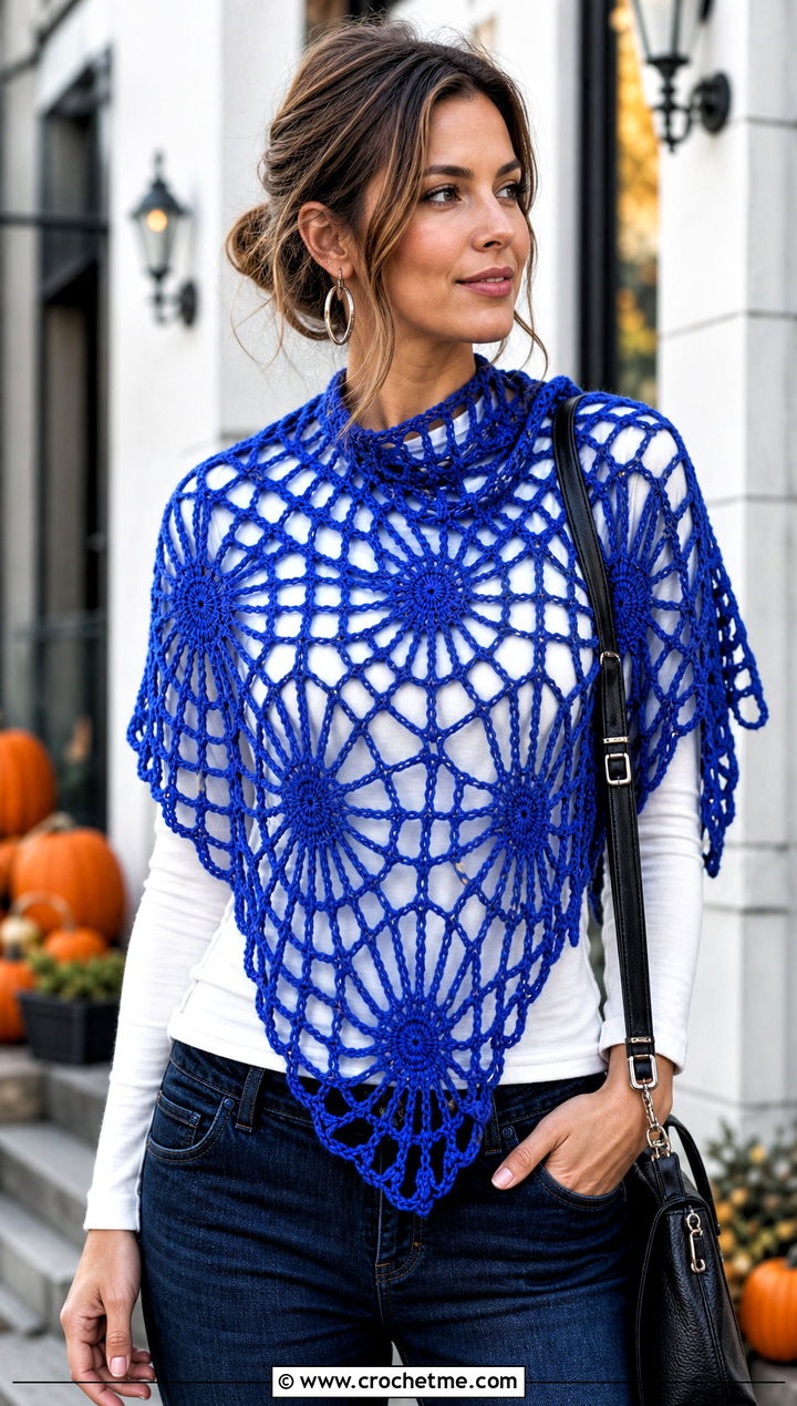 Spiderweb Triangle Crochet Halloween Shawl With Denim - 20 Crochet Halloween Shawl outfit ideas