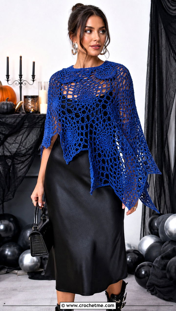 Spiderweb Triangle Shawl With Slip Dress and Boots - 25 halloween crochet shawl outfit ideas