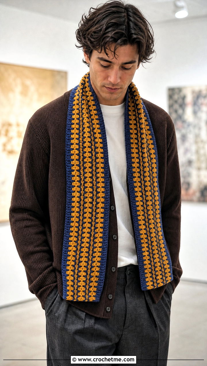 Spike Stitch Crochet Scarf With Cardigan And Trousers - 15 crochet stitch for mens scarf outfit ideas