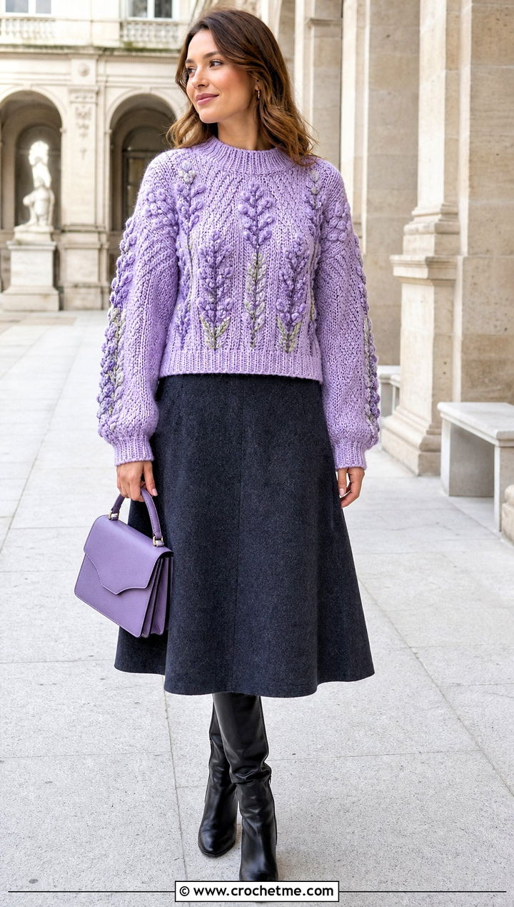 Spike Stitch Crochet Sweater With A Line Midi Skirt - 25 Crochet Textured Sweater outfit ideas