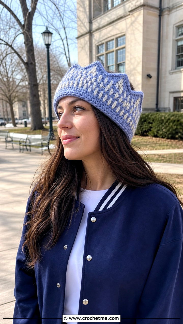 Spike Stitch Crown Ear Warmer With Varsity Jacket And Mini Skirt - 25 crochet crown ear warmer outfit ideas
