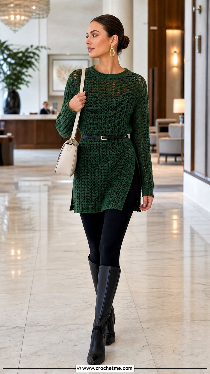 Spinach Green Crochet Tunic Top With Leggings - 35 crochet green top outfit ideas