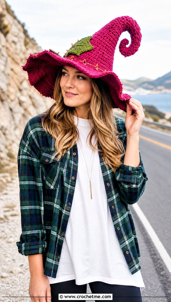 Spiral Brim Crochet Scarecrow Hat With Shacket And Leggings - 30 crochet scarecrow hat outfit ideas