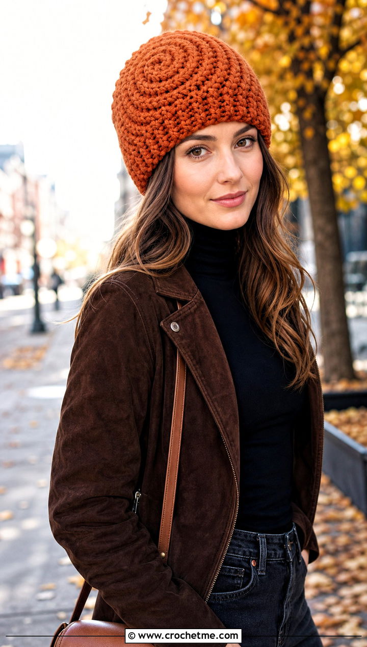 Spiral Bulky Yarn Crochet Beanie With Suede Jacket - 30 bulky yarn crochet beanie outfit ideas
