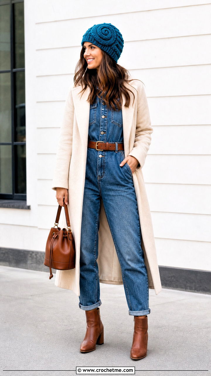 Spiral Cable Crochet Beanie With Denim Jumpsuit And Ankle Boots - 35 crochet cable hat outfit ideas