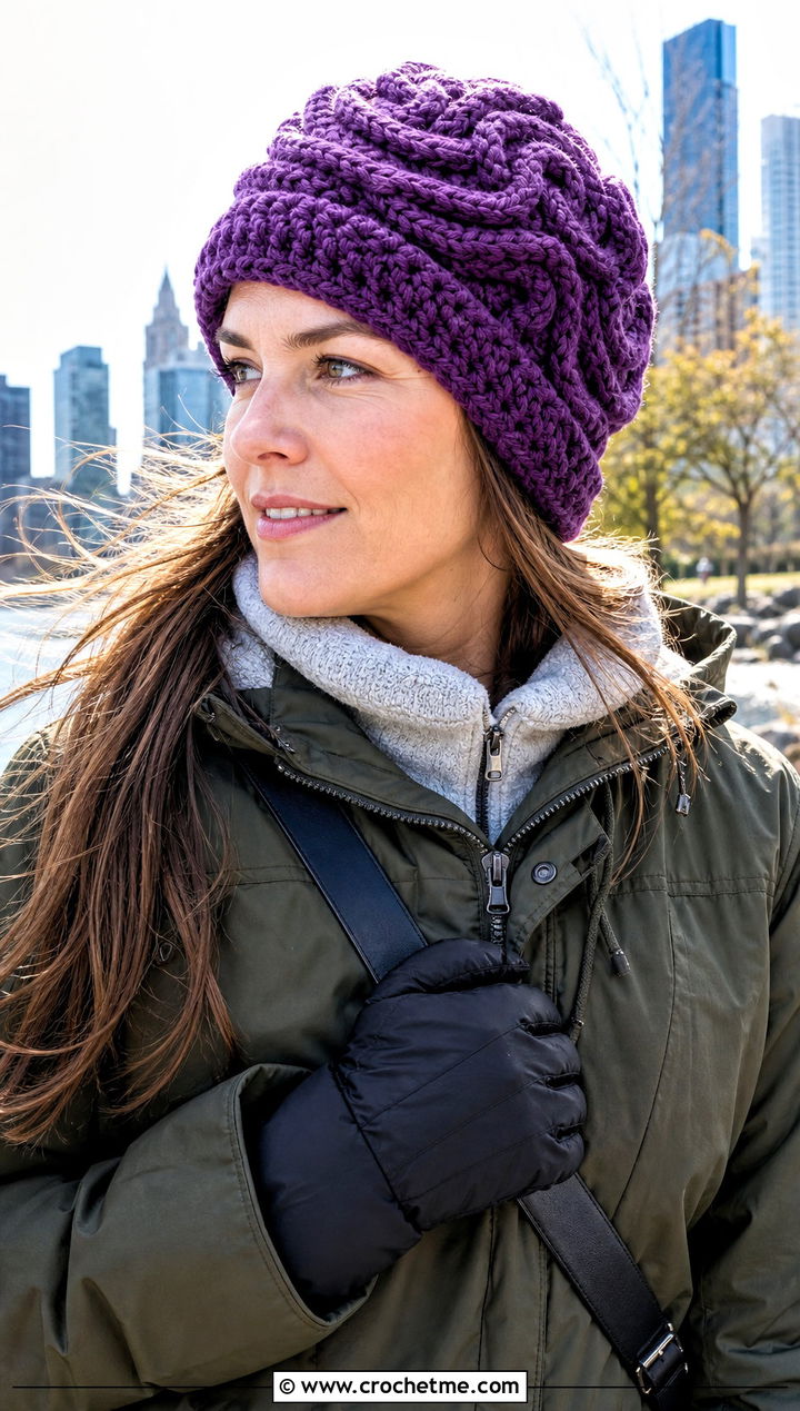 Spiral Cable Crochet Beanie With Parka - 25 crochet cable beanie outfit ideas