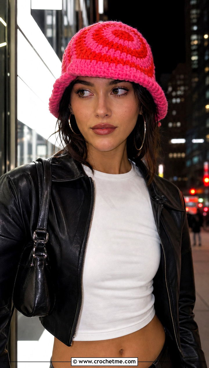 Spiral Chunky Crochet Bucket Hat With Leather Jacket - 25 Chunky Crochet Bucket Hat outfit ideas