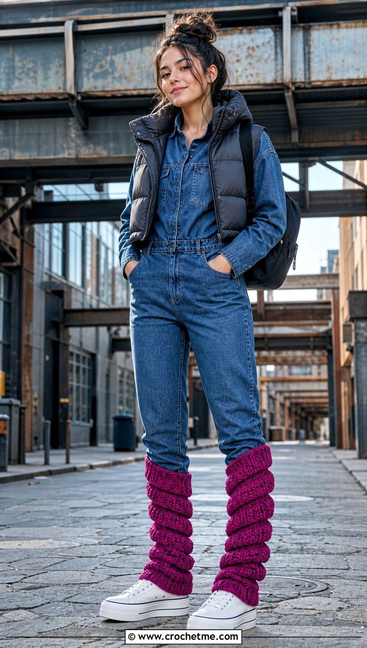 Spiral Chunky Crochet Leg Warmers With Denim Jumpsuit - 25 chunky crochet leg warmers outfit ideas
