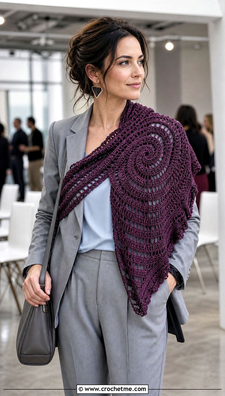 Spiral Circle Crochet Shawl With Blazer And Trousers - 20 Circle Crochet Shawl outfit ideas