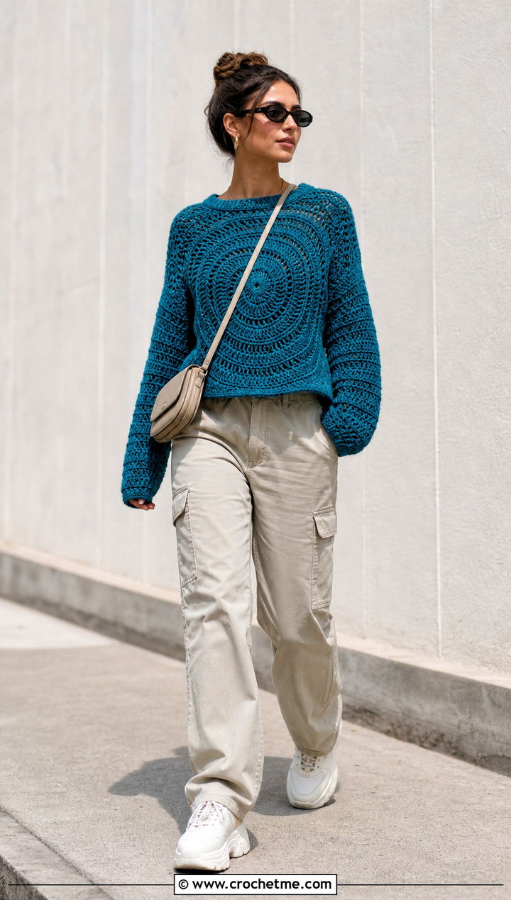 Spiral Circle Crochet Sweater With Cargo Pants - 25 Circle Crochet Sweater outfit ideas