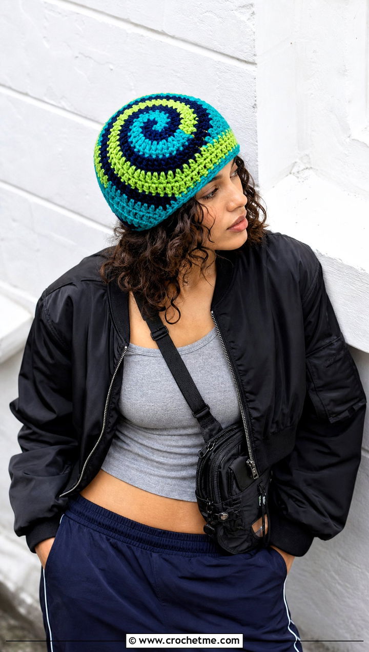 Spiral Color Block Crochet Beanie With Bomber Jacket - 20 Color Block Crochet Beanie outfit ideas