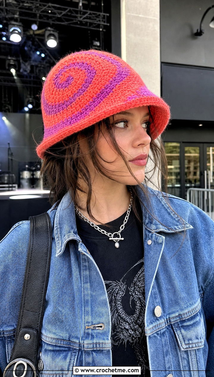 Spiral Crochet Adult Bucket Hat With Graphic Tee And Leather Pants - 25 crochet adult bucket hat outfit ideas