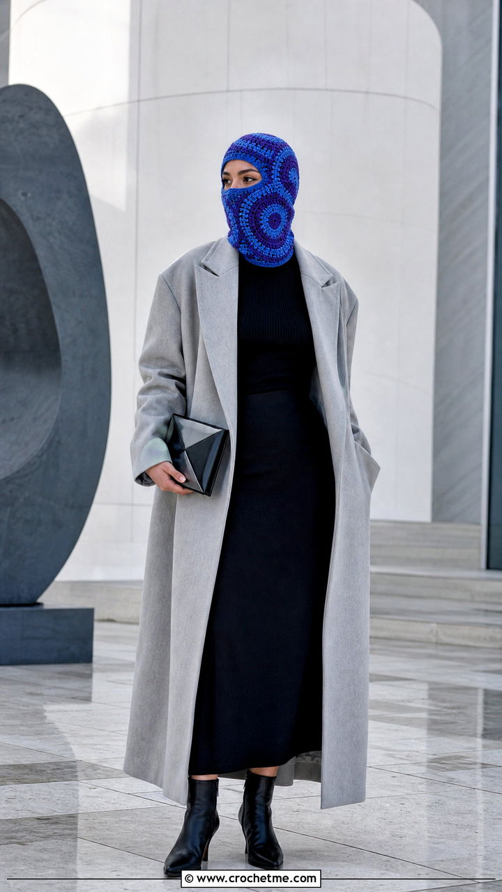 Spiral Crochet Balaclava With Minimalist Coat And Column Skirt - 35 crochet balaclava outfit ideas