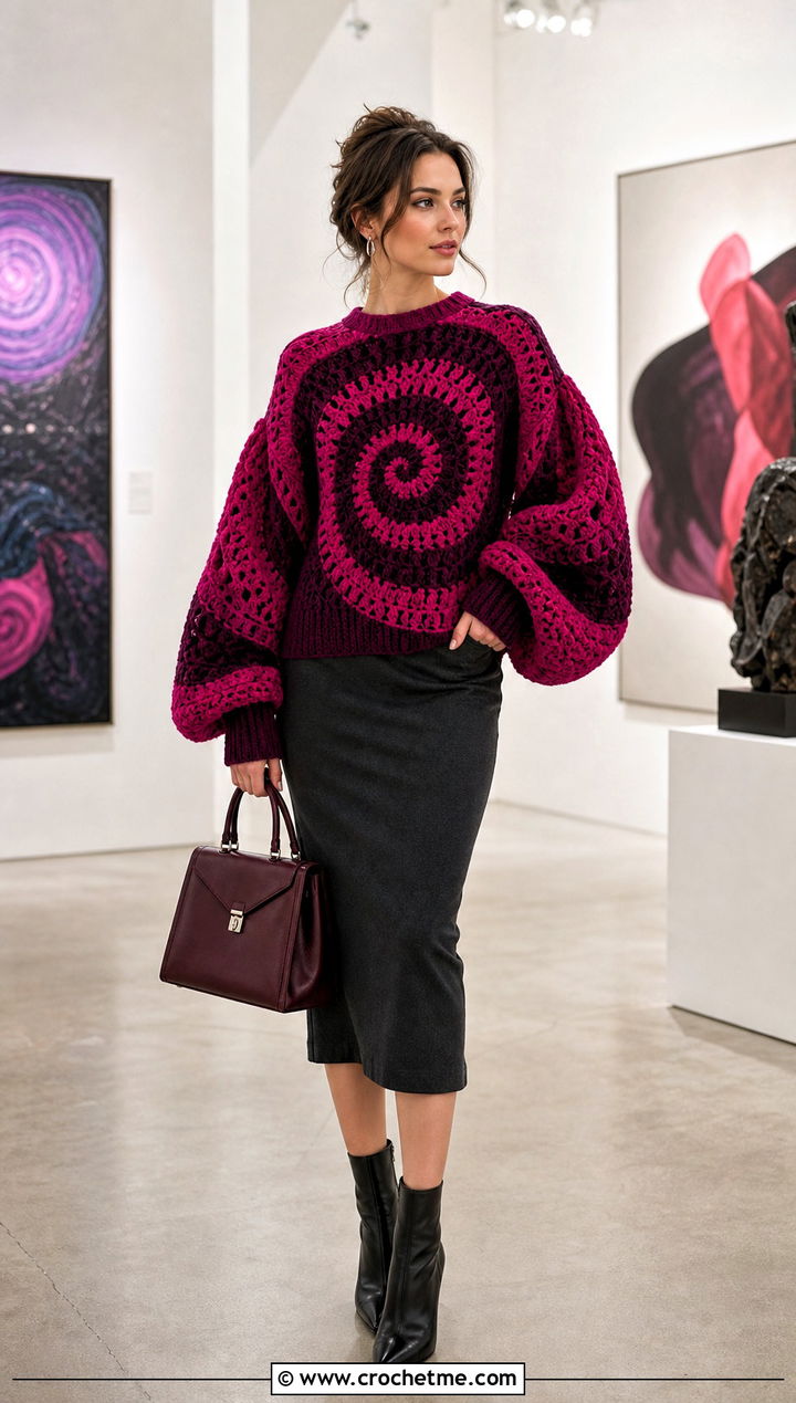 Spiral Crochet Balloon Sleeve Sweater With Pencil Skirt - 35 spiral crochet sweater outfit ideas