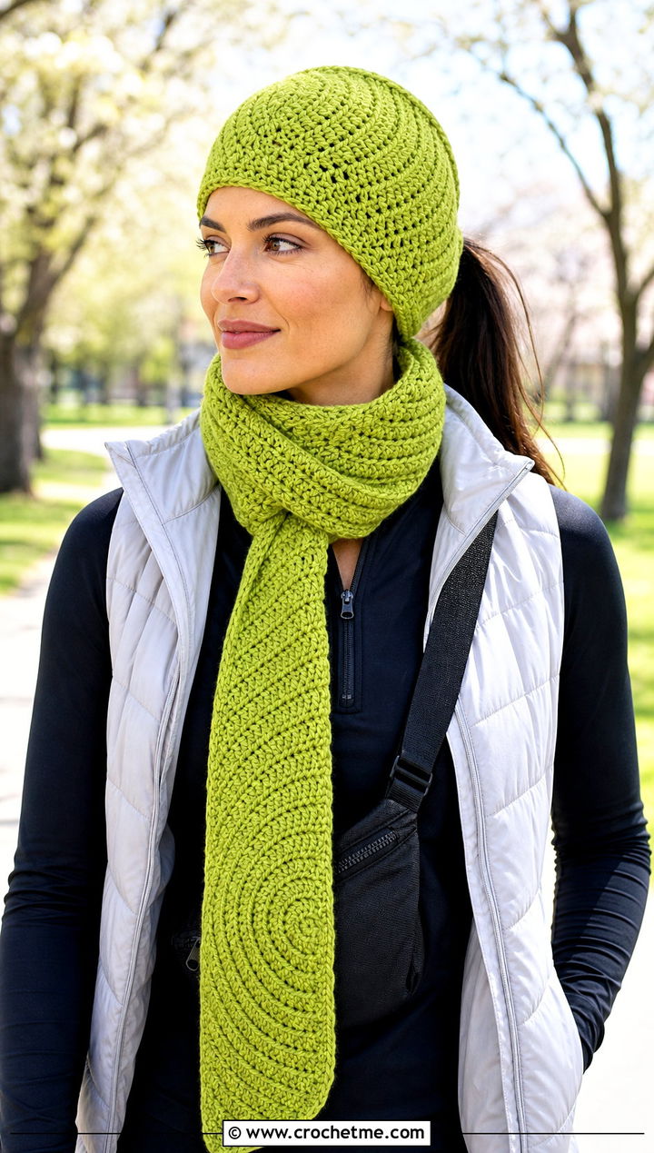 Spiral Crochet Beanie And Scarf Set With Athleisure Outfit - 30 crochet beanie and scarf set outfit ideas