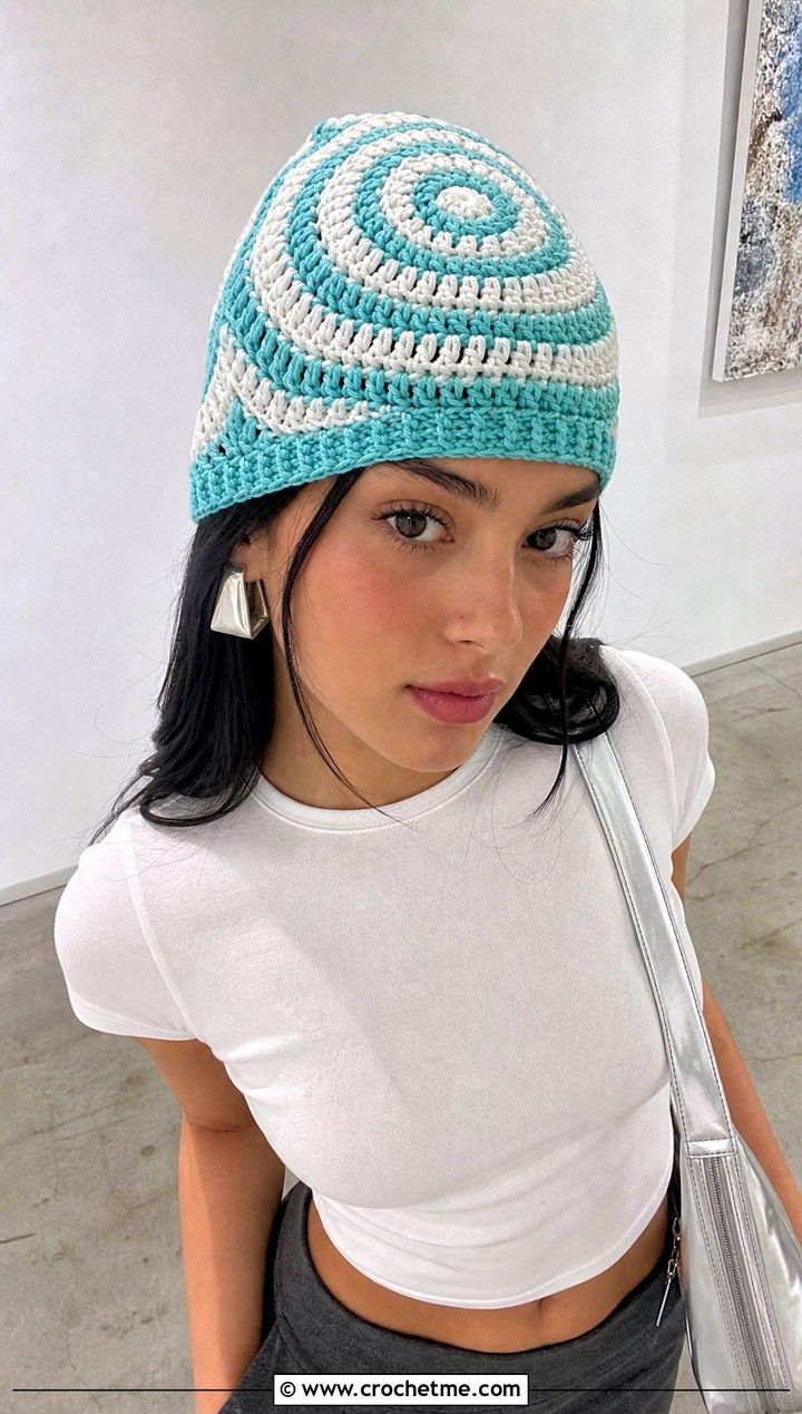 Spiral Crochet Beanie With Baby Tee And Column Skirt - 30 summer crochet beanie outfit ideas