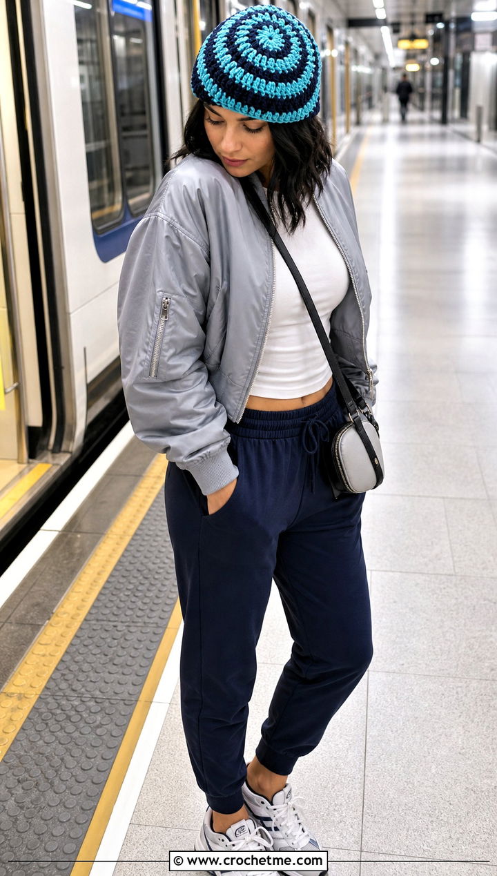 Spiral Crochet Beanie With Bomber Jacket And Joggers - 30 easy crochet winter hat outfit ideas
