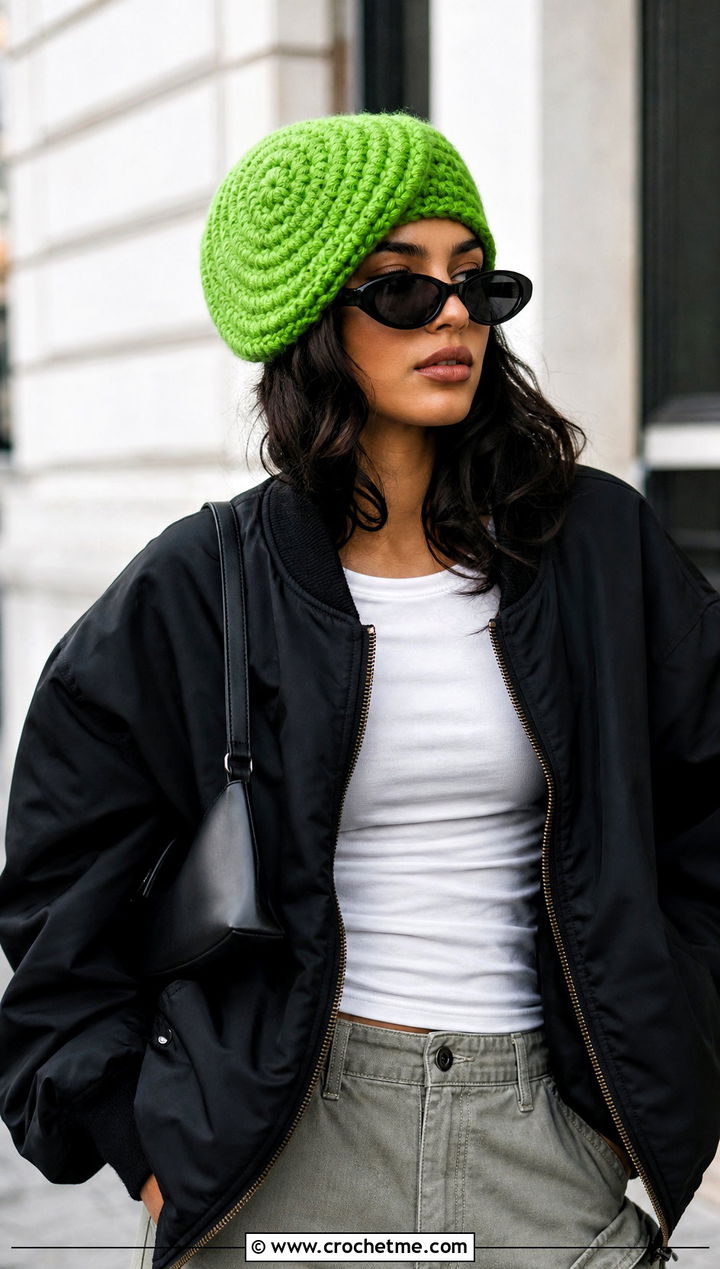 Spiral Crochet Beanie With Cargo Pants - 25 easy simple crochet hats for beginners outfit ideas