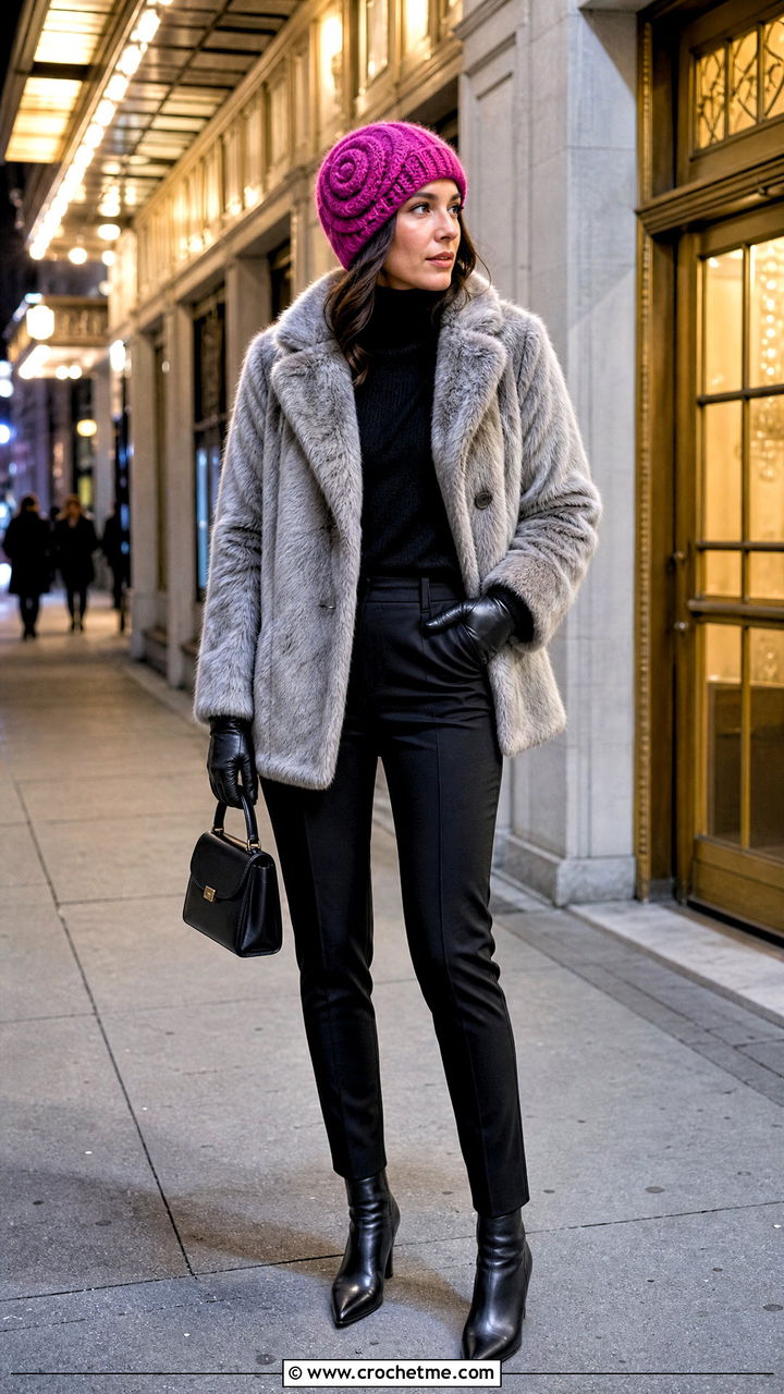 Spiral Crochet Beanie With Faux Fur Coat And Slim Trousers - 35 crochet winter hat outfit ideas