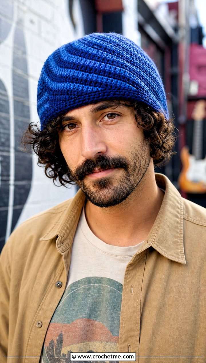 Spiral Crochet Beanie With Graphic T Shirt - 30 crochet man beanie outfit ideas