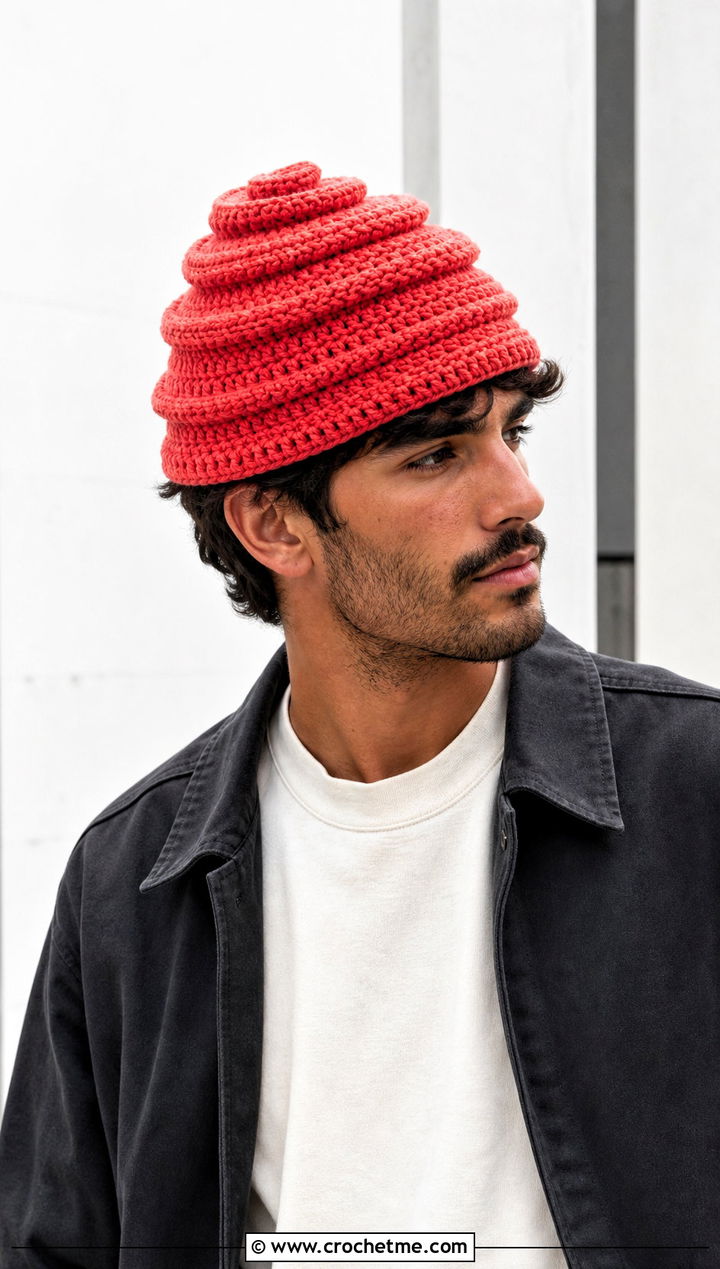 Spiral Crochet Beanie With Minimal Streetwear - 25 easy crochet beanie for men outfit ideas
