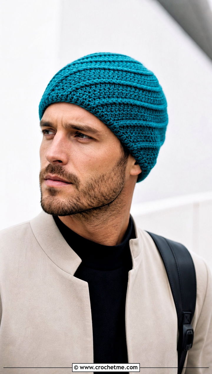 Spiral Crochet Beanie With Minimalist Coat - 25 easy men's crochet beanie outfit ideas
