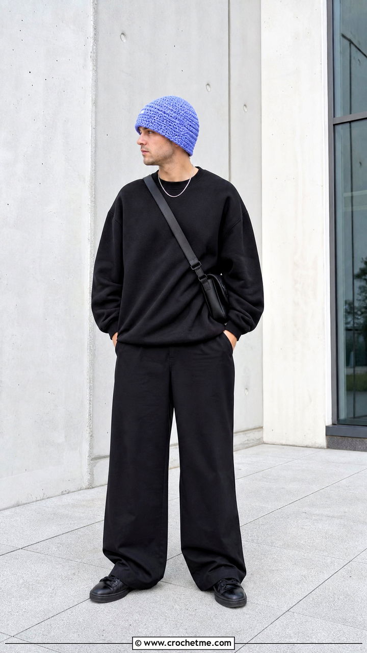 Spiral Crochet Beanie With Monochrome Streetwear - 35 men's crochet beanie outfit ideas