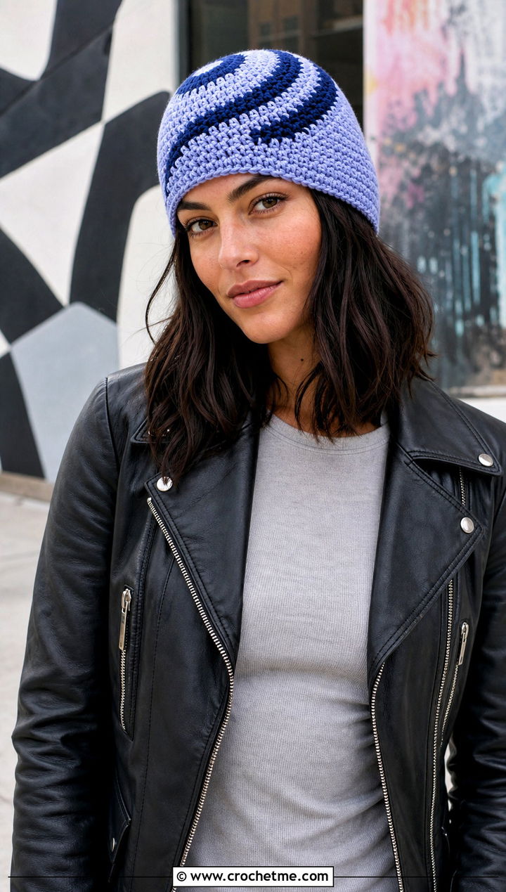 Spiral Crochet Beanie With Moto Jacket And Cargo Skirt - 25 Fast Crochet Beanie outfit ideas
