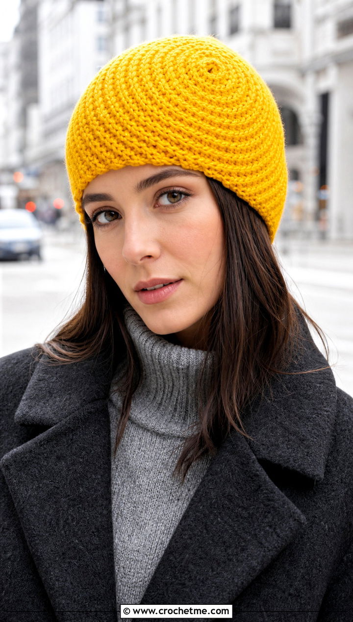Spiral Crochet Beanie With Wool Coat - 25 crochet hat for beginners outfit ideas