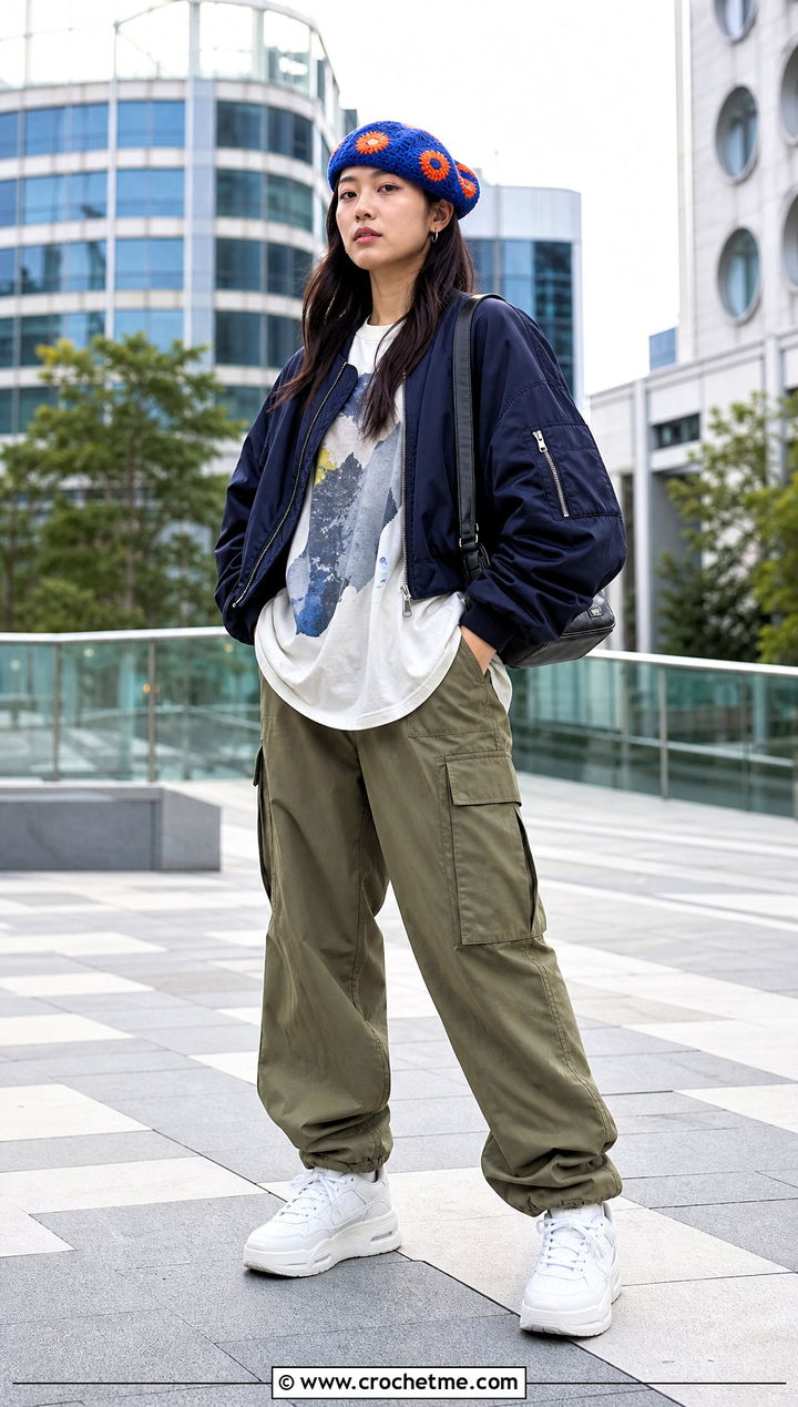 Spiral Crochet Beret With Graphic T Shirt And Cargo Pants - 35 easy crochet beret outfit ideas