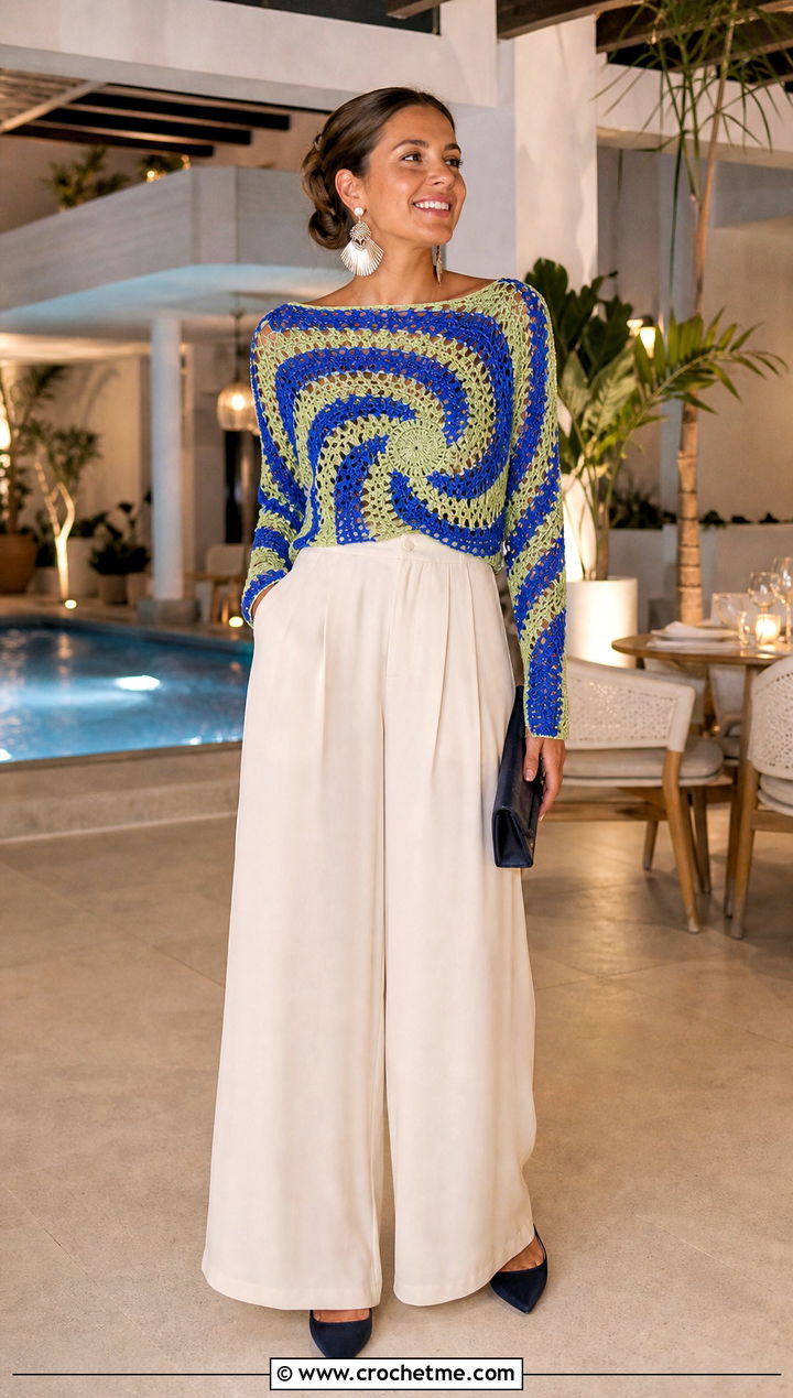 Spiral Crochet Boat Neck Sweater With Palazzo Pants - 35 spiral crochet sweater outfit ideas