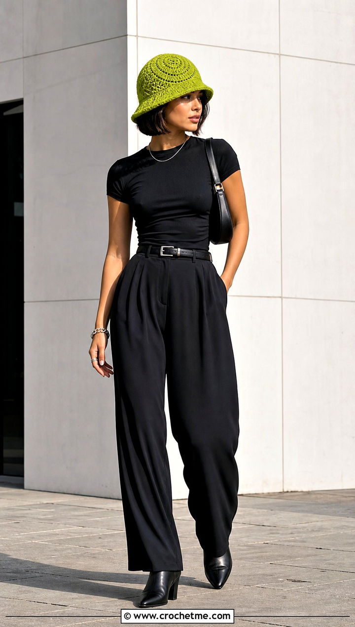 Spiral Crochet Bucket Hat With An All Black Outfit - 35 simple crochet hat outfit ideas