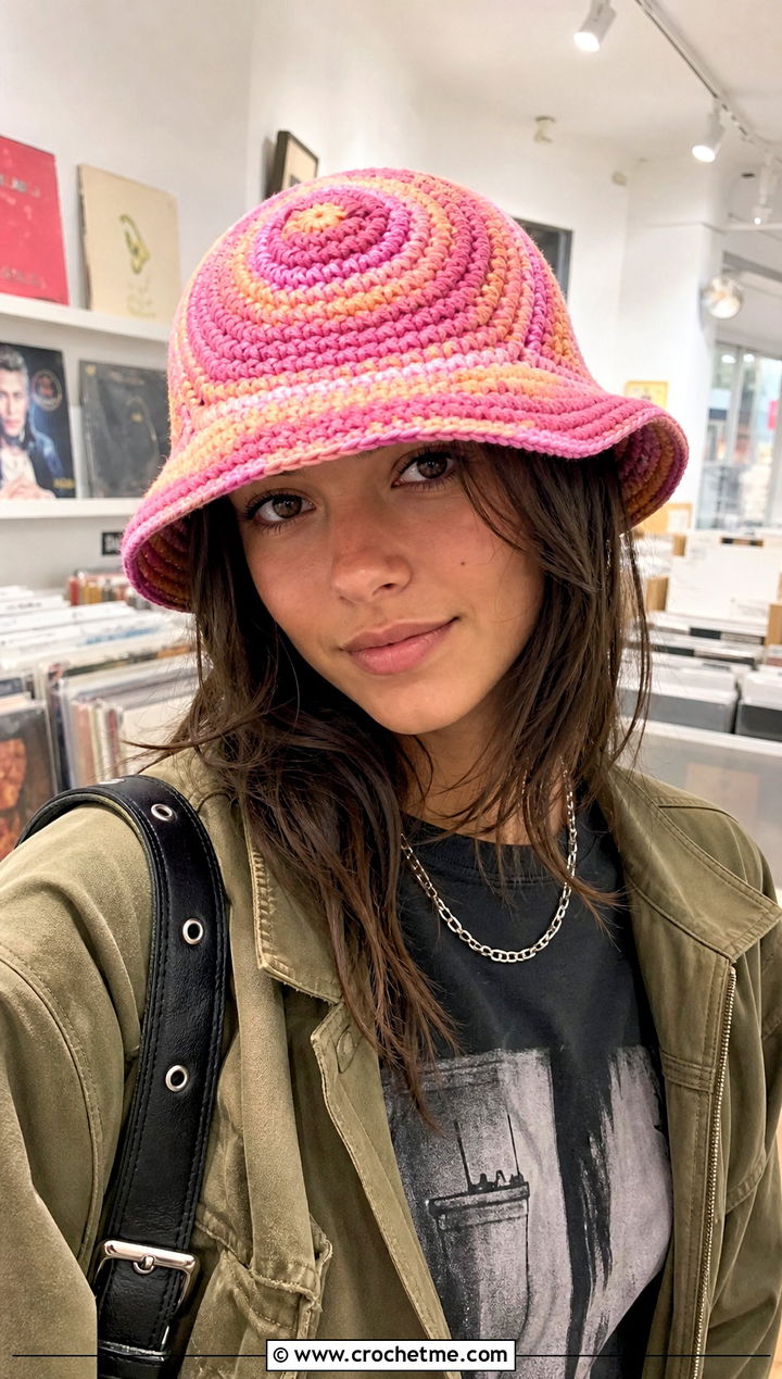 Spiral Crochet Bucket Hat With Graphic T Shirt And Denim Skirt - 30 easy crochet bucket hat outfit ideas