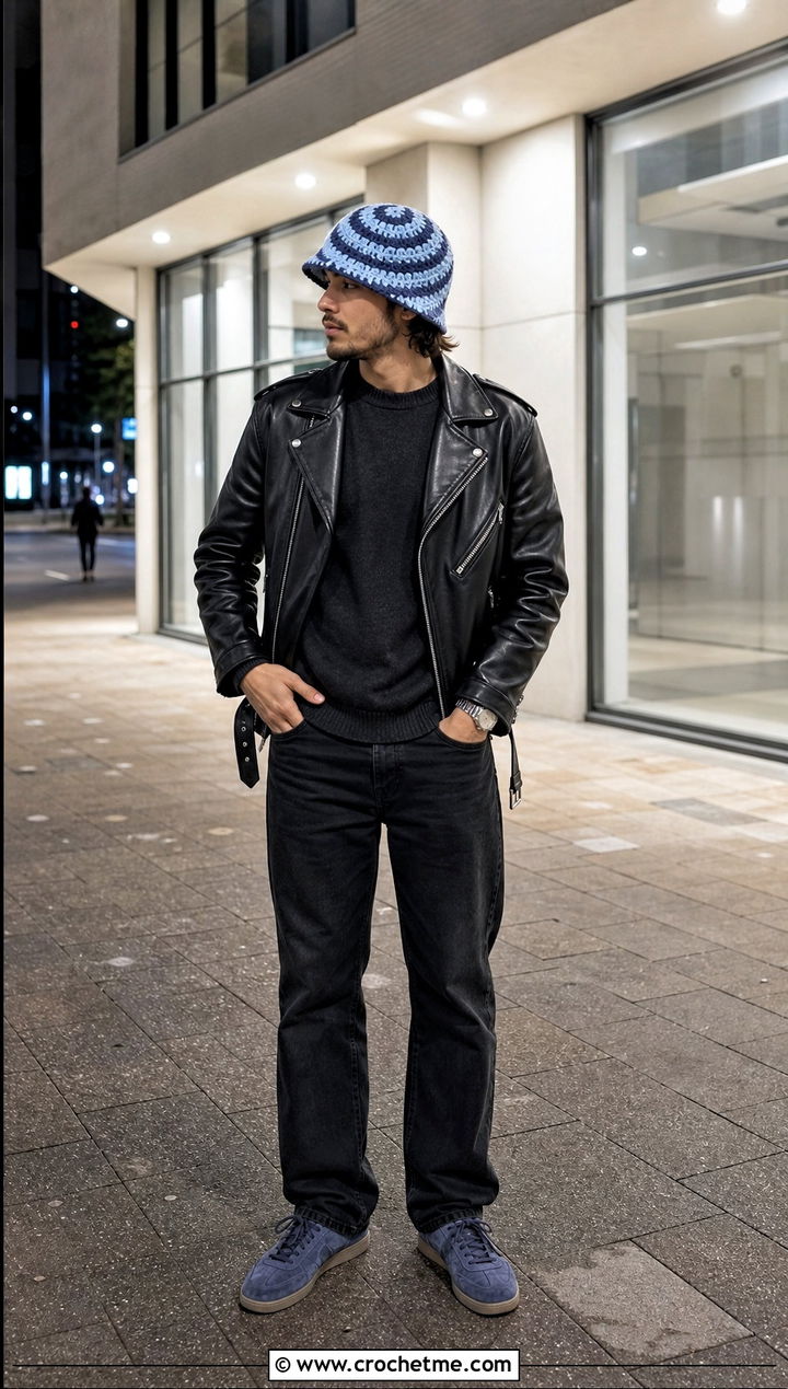 Spiral Crochet Bucket Hat With Leather Jacket - 35 men crochet bucket hat outfit ideas