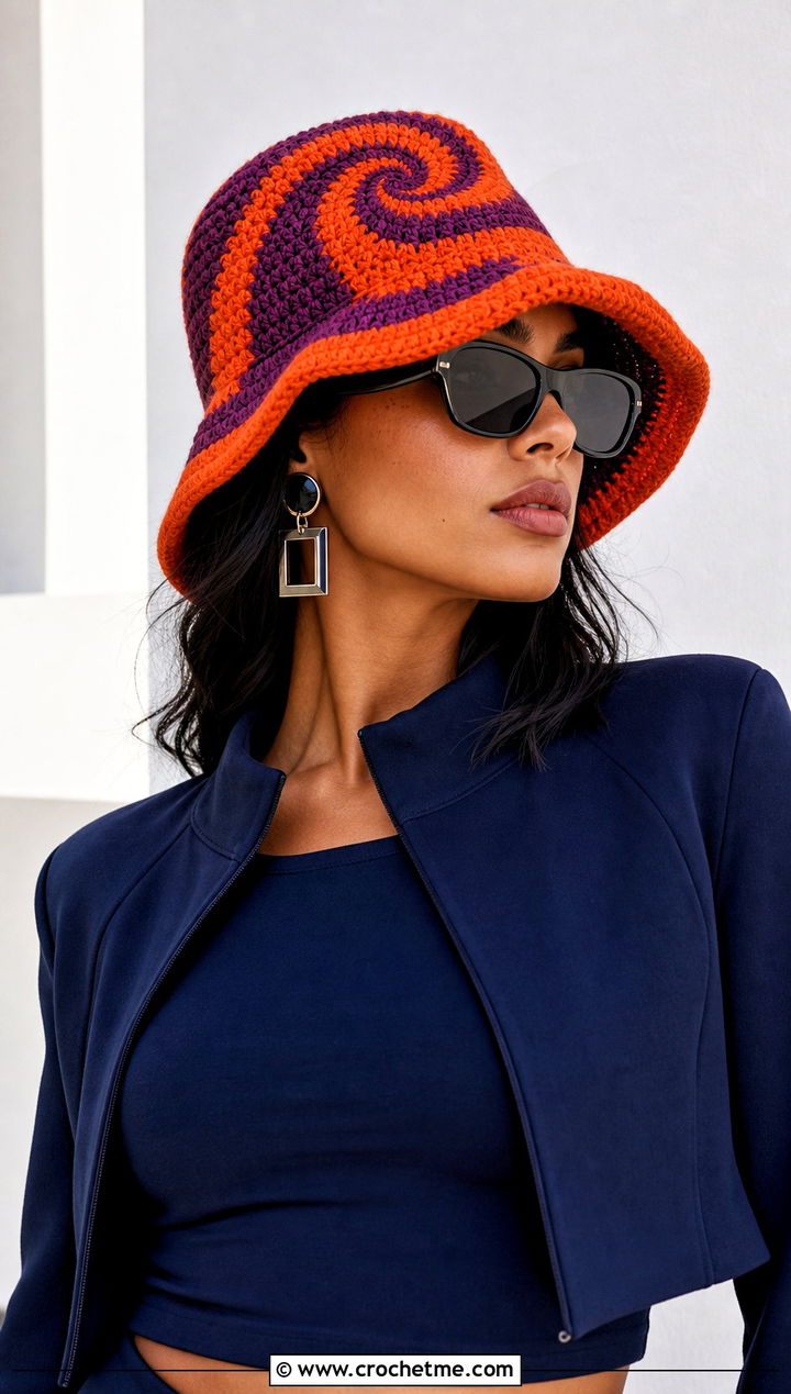 Spiral Crochet Bucket Hat With Monochrome Outfit - 25 Crochet Cute Bucket Hat outfit ideas