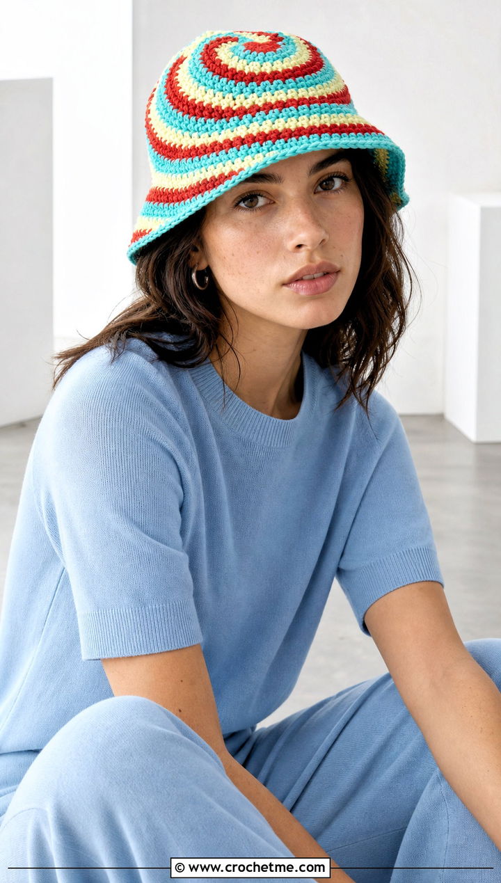 Spiral Crochet Bucket Hat With Monochrome Outfit - 25 Crochet Bucket Hat Design Ideas