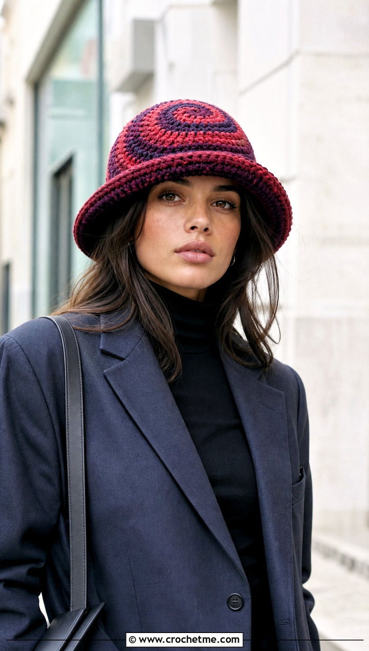 Spiral Crochet Bucket Hat With Oversized Blazer - 35 crochet winter bucket hat outfit ideas