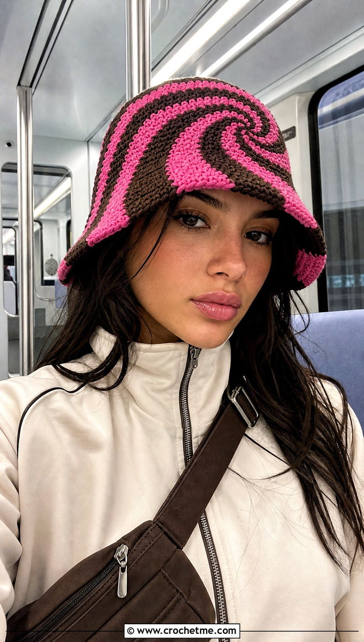 Spiral Crochet Bucket Hat With Tracksuit - 30 Two Colors Crochet Hat outfit ideas