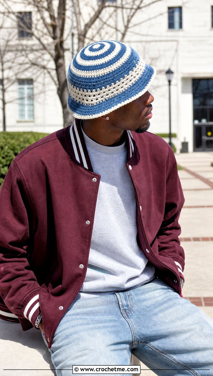 Spiral Crochet Bucket Hat With Varsity Jacket And Denim - 30 crochet bucket hat men outfit ideas