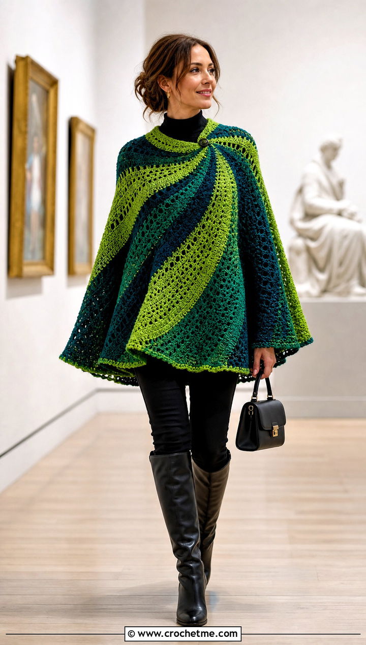 Spiral Crochet Cape Sweater With Knee High Boots - 35 spiral crochet sweater outfit ideas
